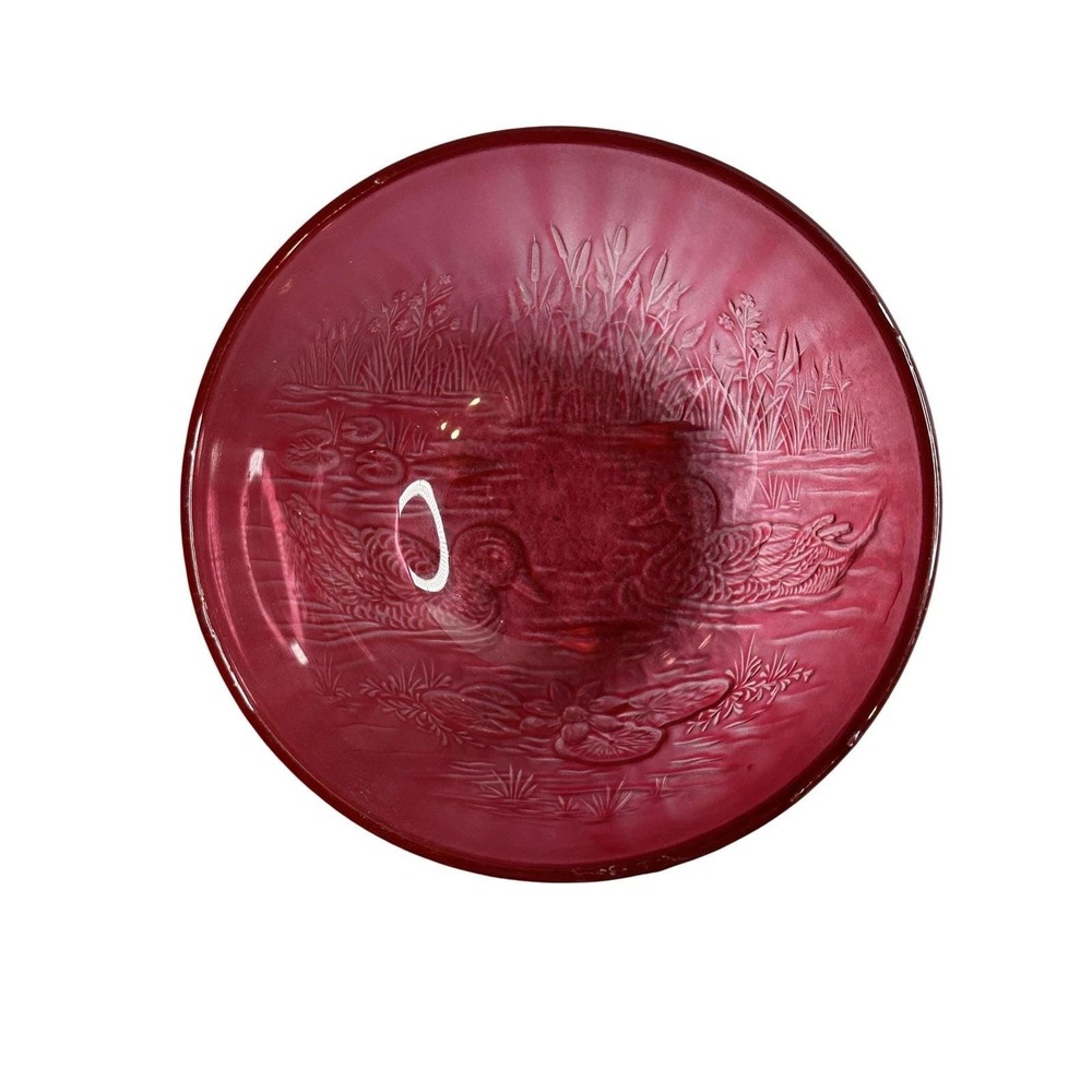 Vintage Cranberry Ruby Satin Glass Bowls Set Duck Pond Scene Hearts Flowers